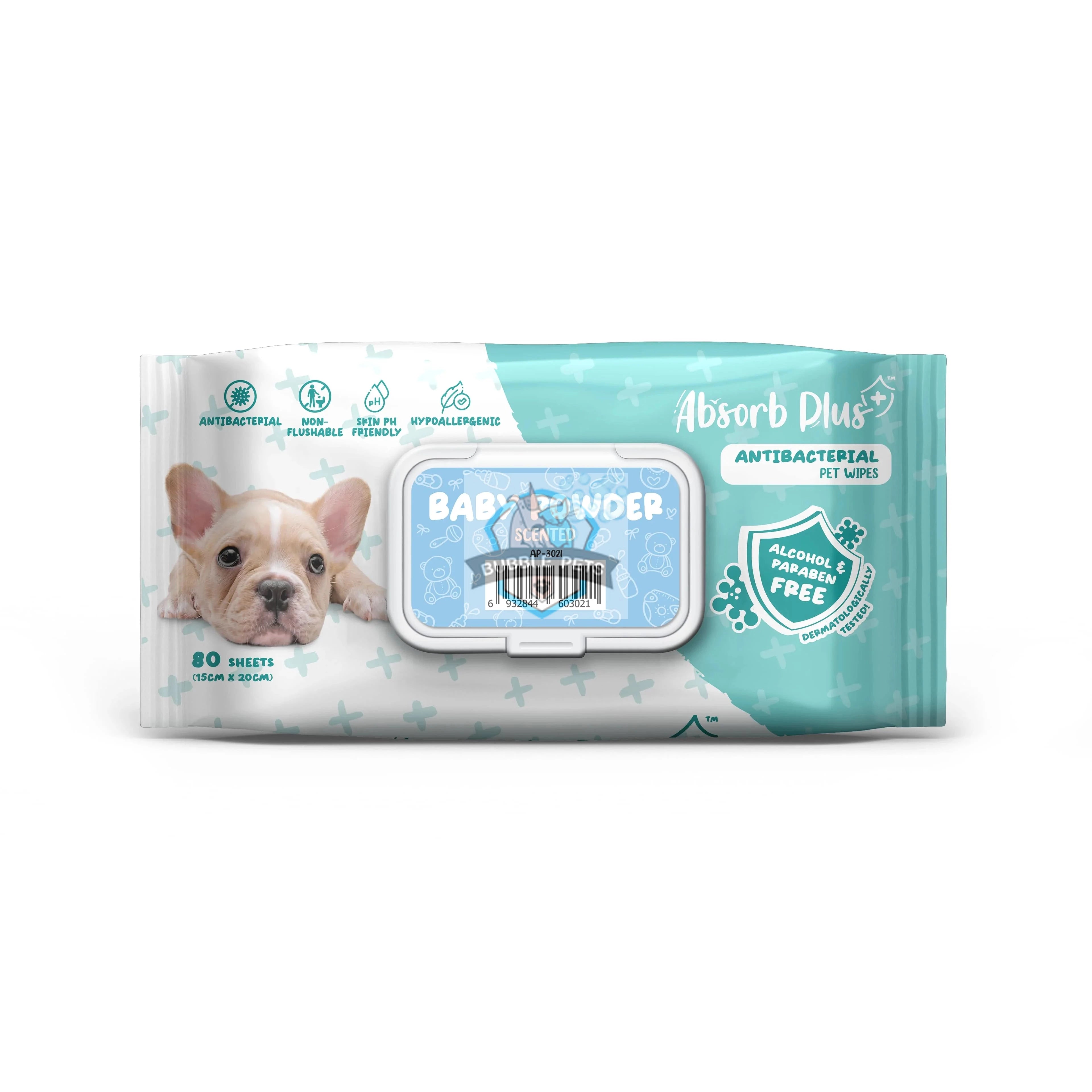 NEW LOOK: Absorb Plus Antibacterial Baby Powder Scented Pet Wipes (3 Packs Promo)