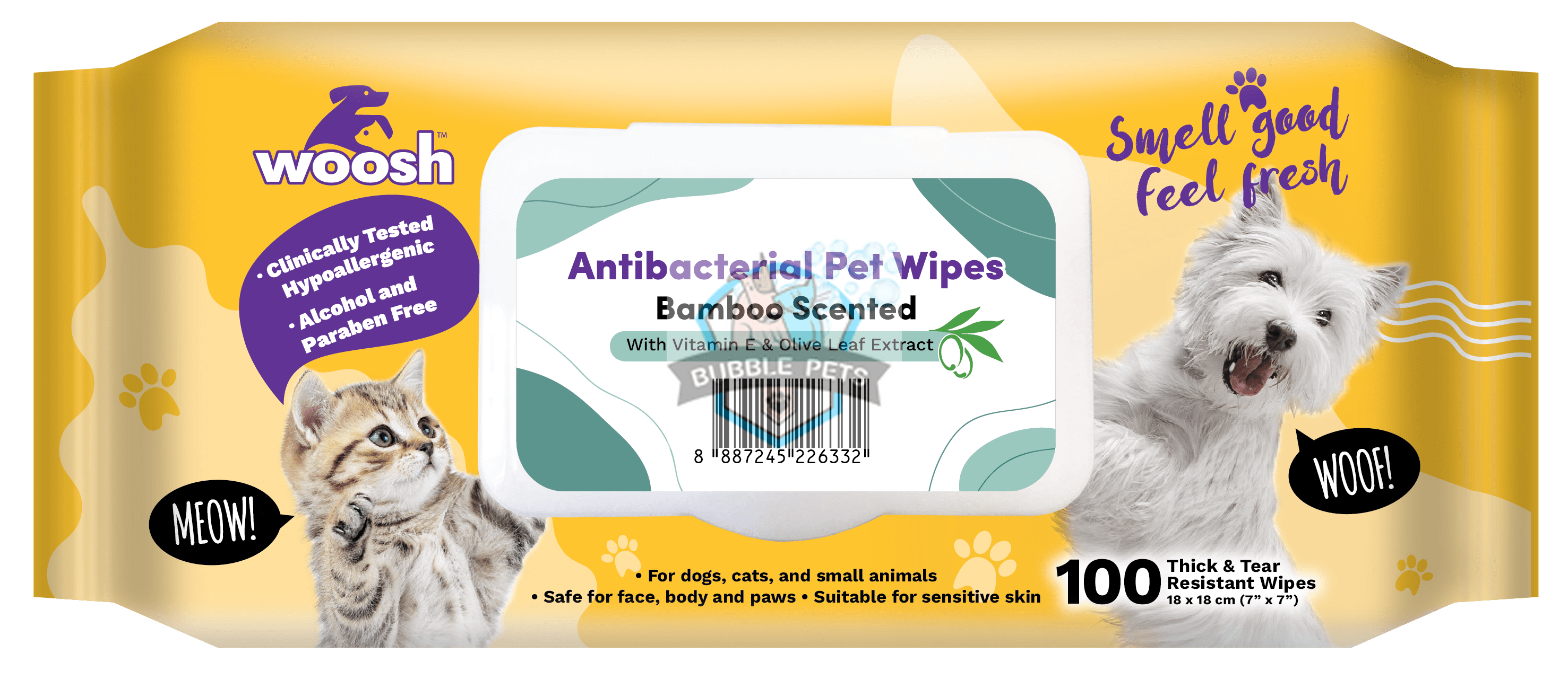 Woosh Antibacterial Pet Wipes - Bamboo [100 wipes]