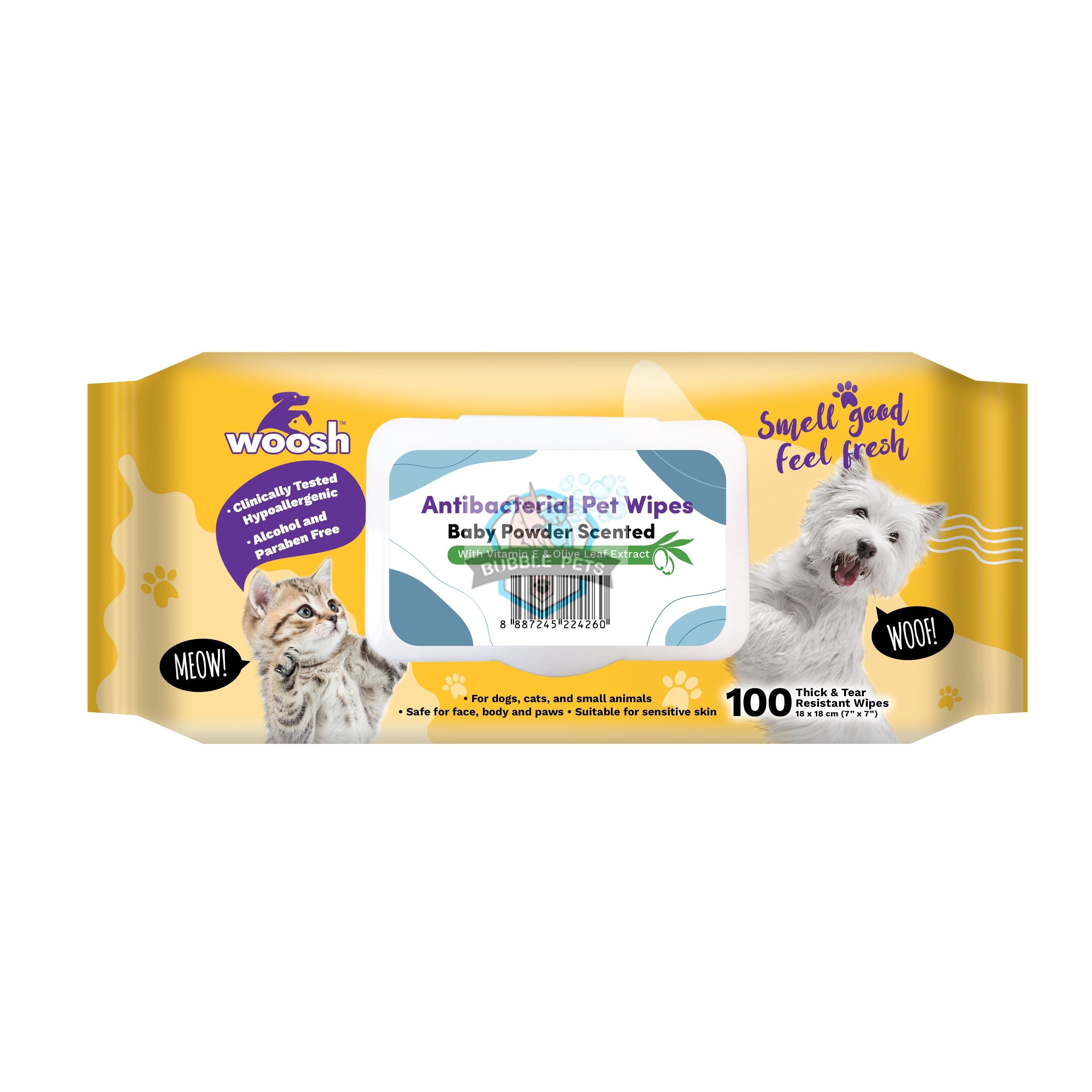 Woosh Antibacterial Pet Wipes - Baby Powder [100 wipes]