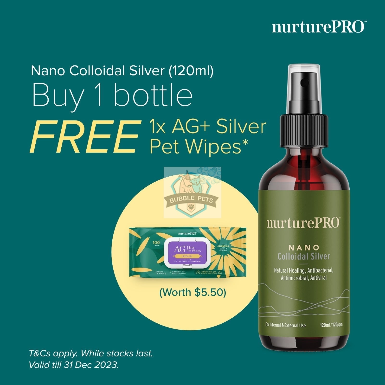 PROMO: Buy 1 bottle Colloidal Silver 60ml, Get 1 FREE AG+ Silver Pet Wipes
